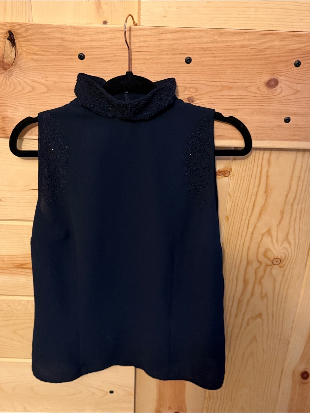 Aa Studio Navy Mock Neck Sleeveless Camisole with Beaded Detail